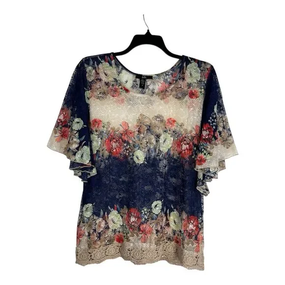 RAIN Lace Top Women's 1X Floral Kimono Sleeve Blouse Round Neck Ruffles Boho - Picture 2 of 8